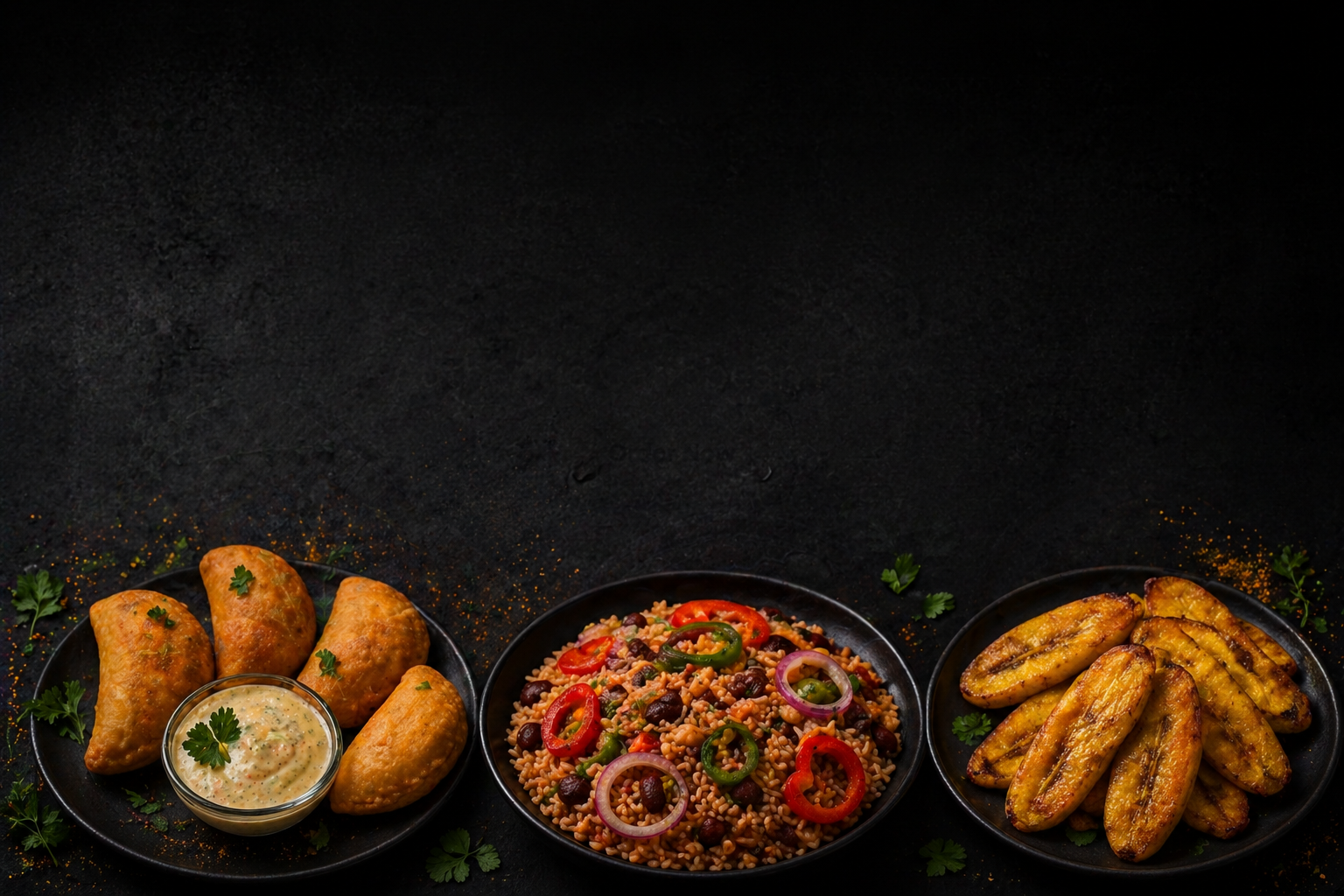 Caribbean food spread with empanadas, rice, and plantains